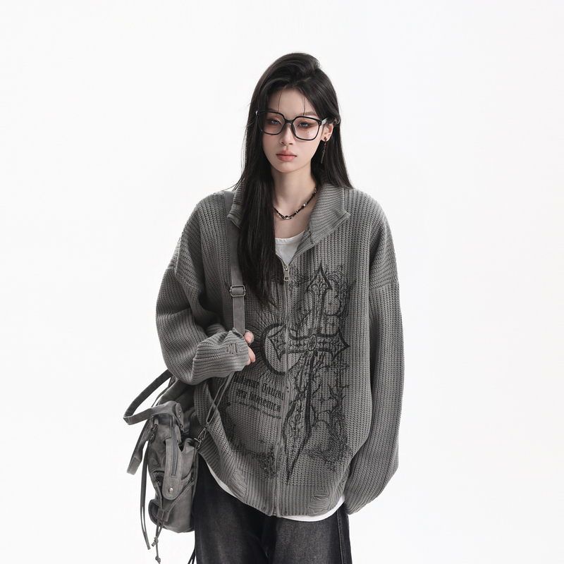 【Sitting on the Couch and Watching the Money Disappear】American Retro Light Asian Style Cross Print Knitted Cardigan Women's Subculture Sweater Jacket 【Sitting on the Couch and Watching the Money Disappear】American Retro Light Asian Style Cross Print Knitted Cardigan Women's Subculture Sweater Jacket