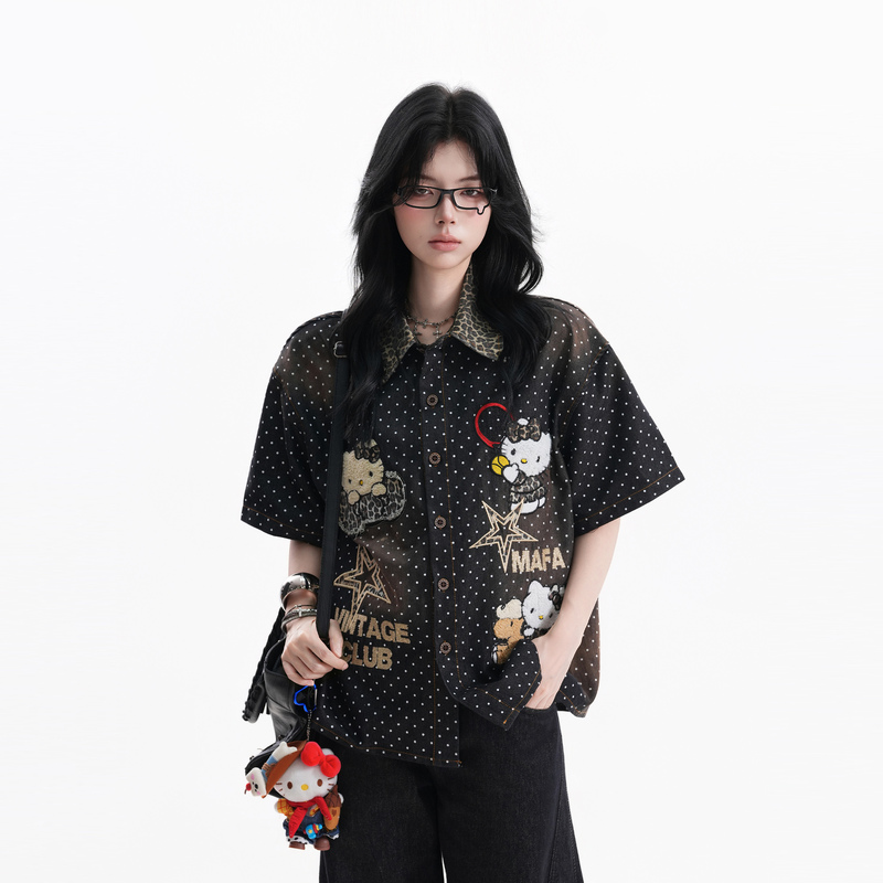 【Sit Back and Watch the Money Roll In】Bf Retro Full-Print Polka Dot Kitty Cat Embroidered Denim Shirt, Washed and Distressed Turn-Down Collar T-Shirt