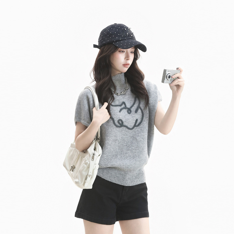 【Eat and Drink and You'Ll Be Poor】Korean Style Age-Reducing Slim-Fit Half-High Collar Short-Sleeve T-Shirt for Women, Early Autumn Layered Short Knit Sweater