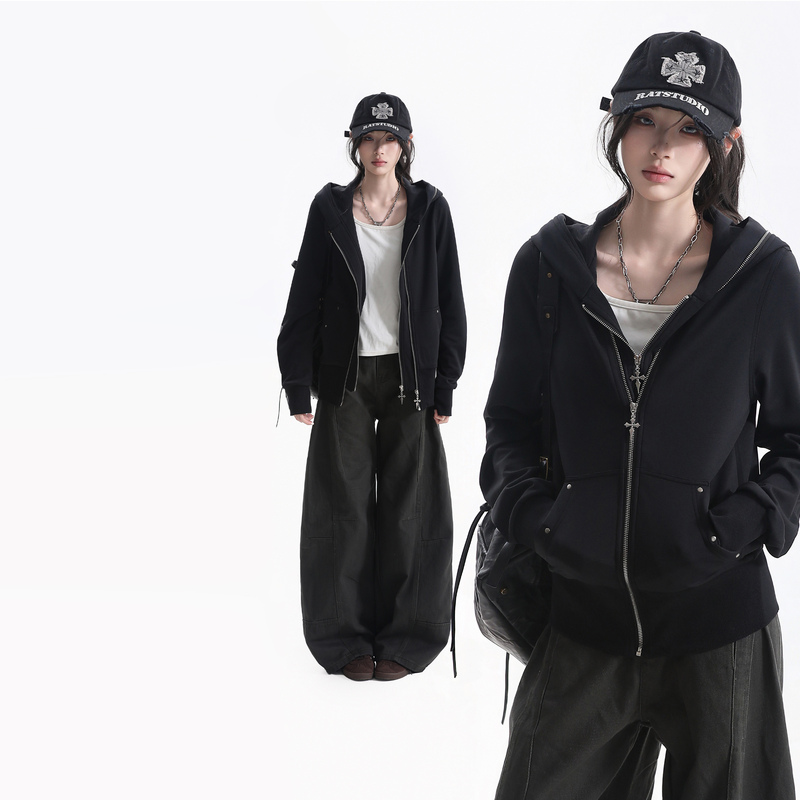 【Sitting on the Couch and Watching the Money Disappear】American Retro Studded Hooded Cardigan Sweatshirt for Women, New Autumn Style, Loose Zipper Jacket, Trendy