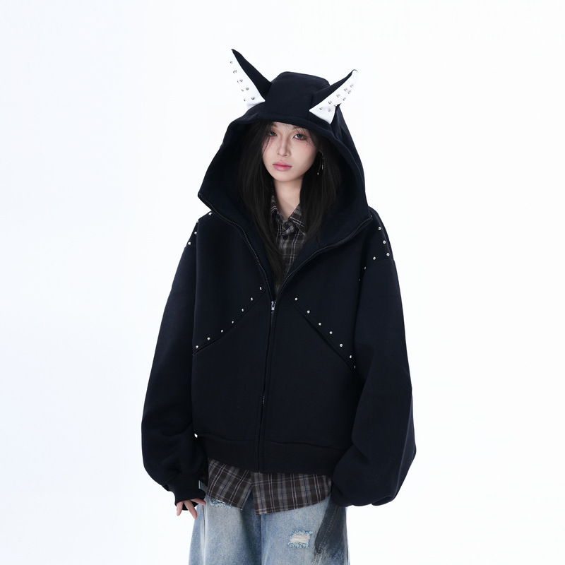 【Sitting on the Couch and Watching the Money Go Away】 American High Street Style Dog Ear Rivet Zipper Cardigan Sweatshirt for Women, Loose-Fitting Trendy Jacket with a Sense of Design