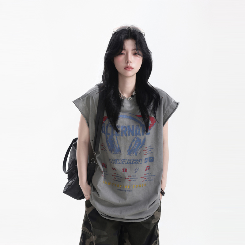 【Sit and Eat and the Mountain Will Empty】American Retro Distressed Personalized Headphone Print Sleeveless Vest Hip-Hop Style Loose Tank Top T-Shirt