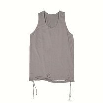  (Sitting and eating mountain air)Korean solid color loose white hem damage tear hole bottoming shirt inner vest