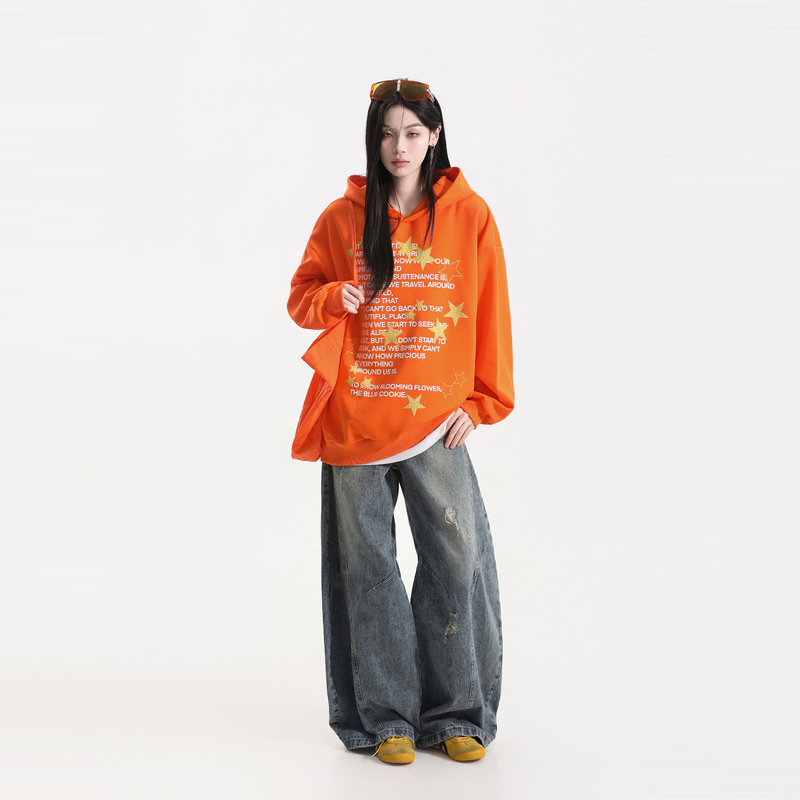 【Sit and Eat and the Mountain Will Empty】American-Style Trendy Brand Orange Hooded Sweatshirt for Women, Oversized Loose Couple Hoodie Jacket, Trendy