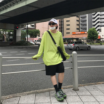  (Sitting and eating mountain air)Korean round neck sunscreen fluorescent green ultra-long white men and women bottoming shirt long-sleeved T-shirt ins