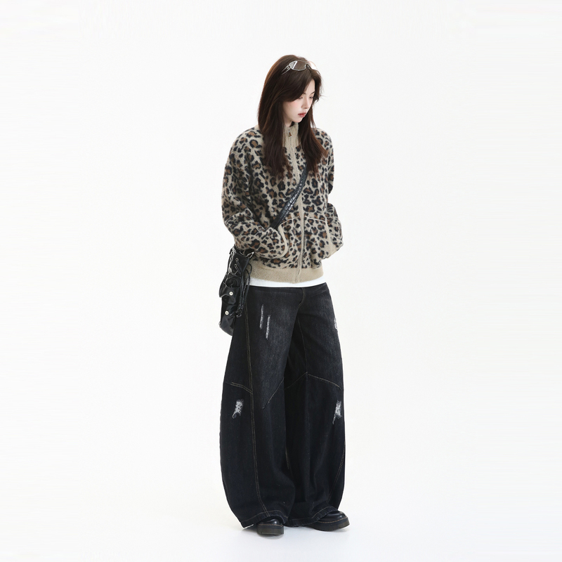 【Sitting on a Mountain and Watching It Fall Apart】American Retro Millennial Style Color-Block Leopard Print Hooded Knit Cardigan Unisex Oversized Sweater