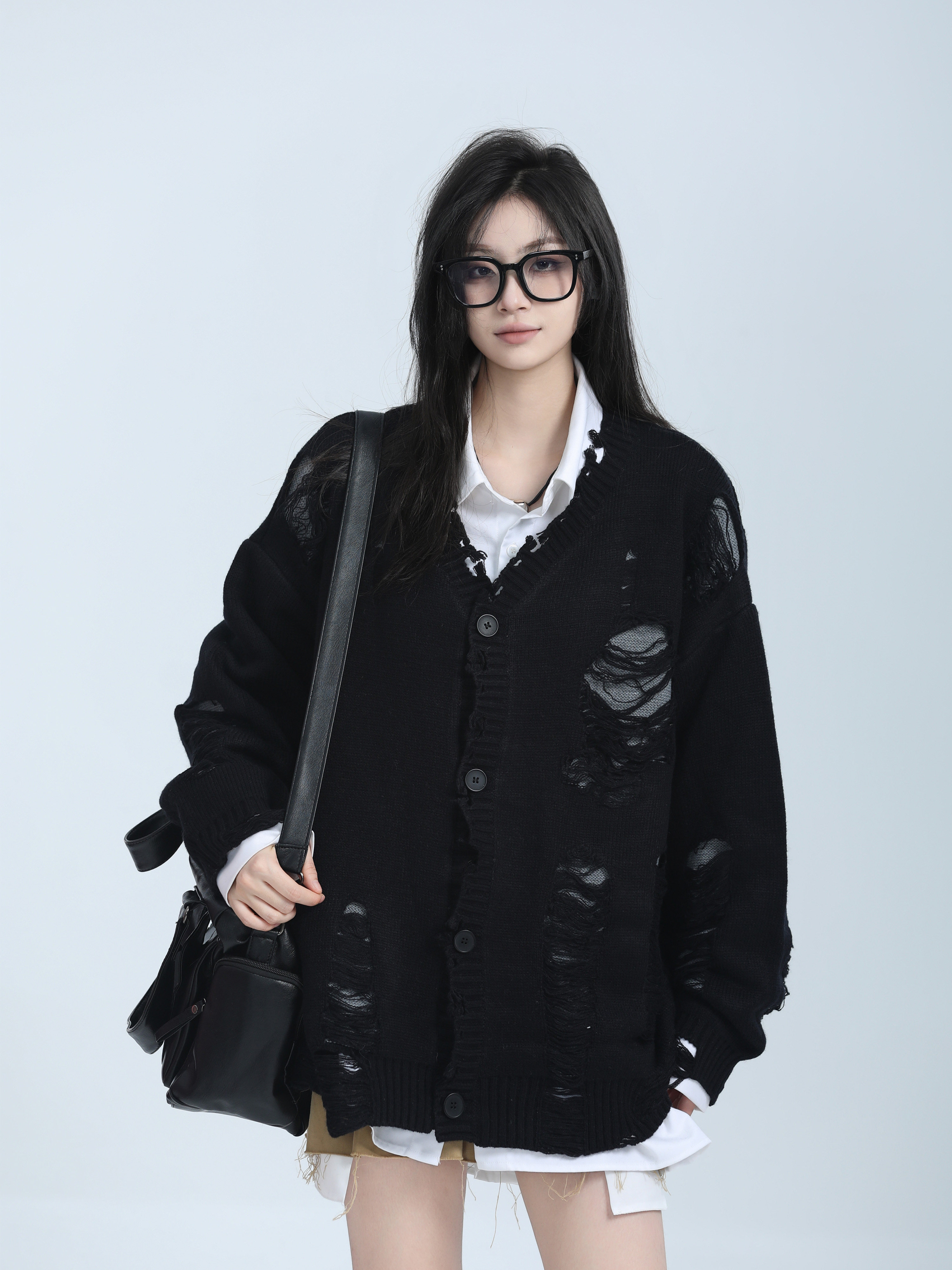 [Living off one's savings] American high-street dark style knitted cardigan cardigan for women, lazy style hip-hop distressed sweater trendy
