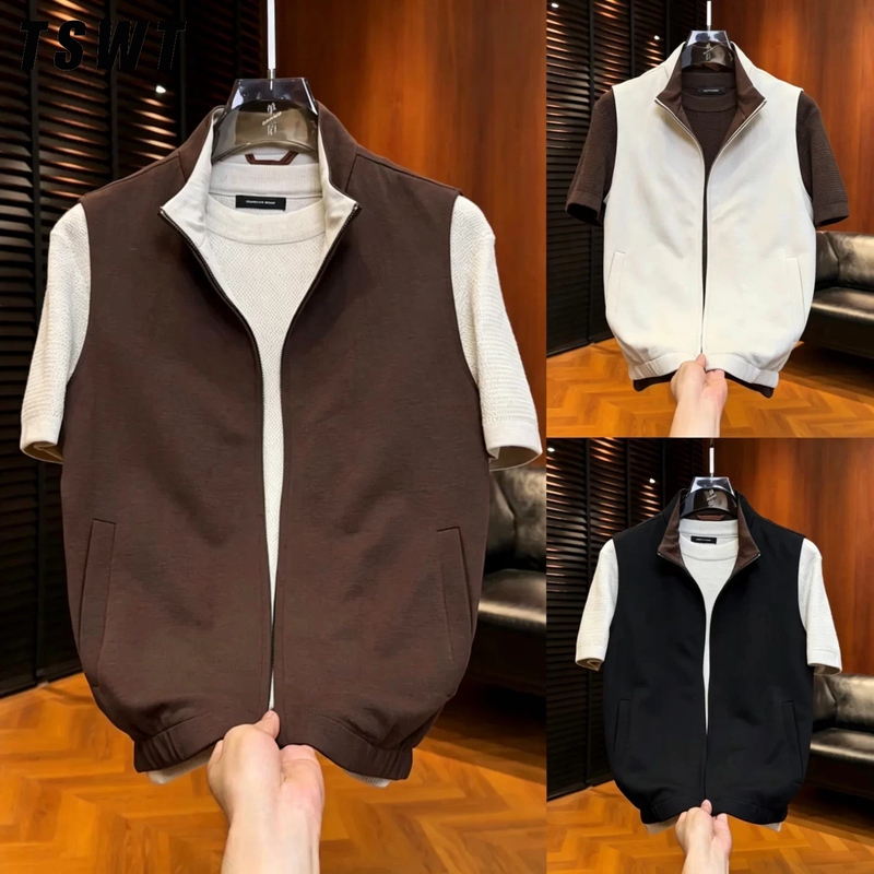 High-End Solid Color Old Money Style Casual Stand-Collar Vest for Men, Spring and Autumn, High-End Feel, Loose Fit, Versatile Sleeveless Jacket for Men High-End Solid Color Old Money Style Casual Stand-Collar Vest for Men, Spring and Autumn, High-End Feel, Loose Fit, Versatile Sleeveless Jacket for Men