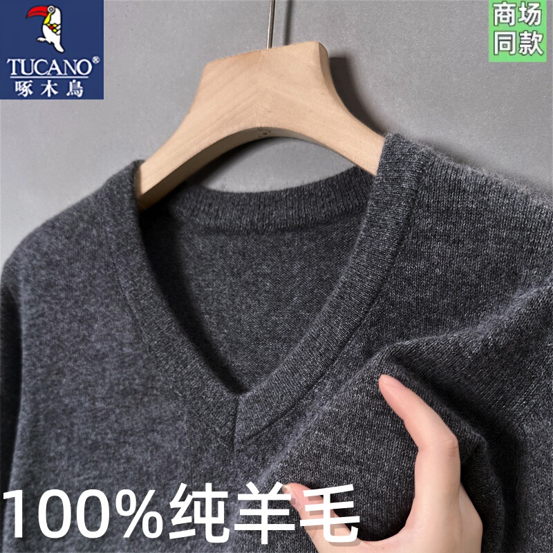 Woodpecker Winter New 100% Wool Sweater Men's V-Neck Pullover Thickened Warm Knitted Cashmere Base Shirt