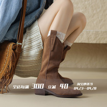 FairyWink Ottin Girl ~ Flip Fur Brown Long Boots Western Denim Boots Femme Coque Heel Drum Bottes