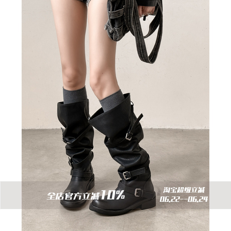 Fairywink Relaxation~! Chunky Heel Belt Buckle Stacked Boots Women's Genuine Leather Riding Boots Round Toe Wide Calf Long Boots Fairywink Relaxation~! Chunky Heel Belt Buckle Stacked Boots Women's Genuine Leather Riding Boots Round Toe Wide Calf Long Boots