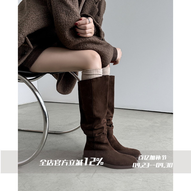 Fairywink Transforms Your Legs into Perfect Legs in Seconds! Women's High-Top Riding Boots in Suede, Slouchy Boots, Flat Knee-High Boots