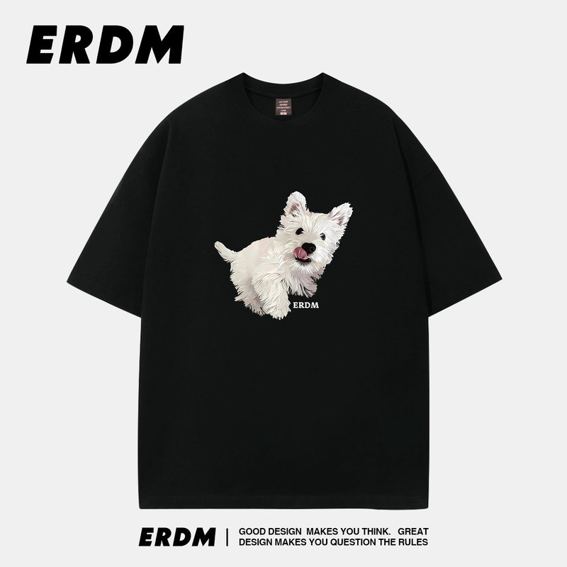 Erdm Cute Puppy Round Neck Printed Short-Sleeved T-Shirt for Men and Women, Loose and Versatile Trendy Brand Pullover Top 2026 Summer