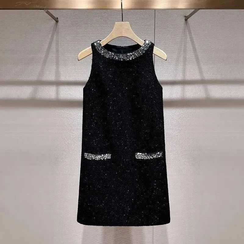 2025 New Style Chanel-Inspired Dress, Autumn and Winter Light Luxury High-End Sleeveless Elegant Sequin Tulle Dress, Black Tank Dress for Women 2025 New Style Chanel-Inspired Dress, Autumn and Winter Light Luxury High-End Sleeveless Elegant Sequin Tulle Dress, Black Tank Dress for Women