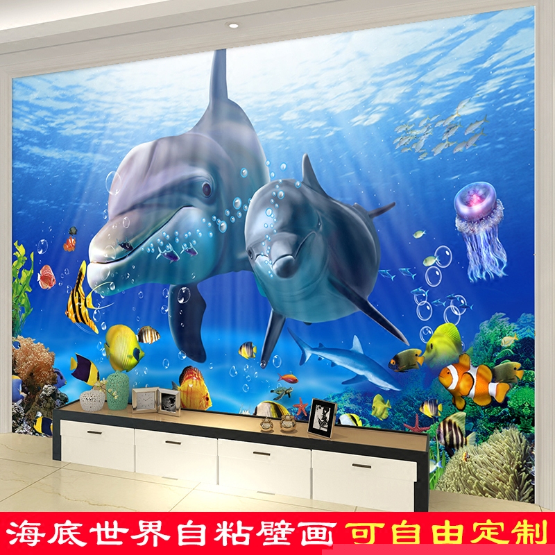 Waterproof Self-adhesive wallpaper 3D Submarine World Wall Wall Sticker Painting Themed Hotel Swimming Pool Dolphin Marine Background Wall Mural