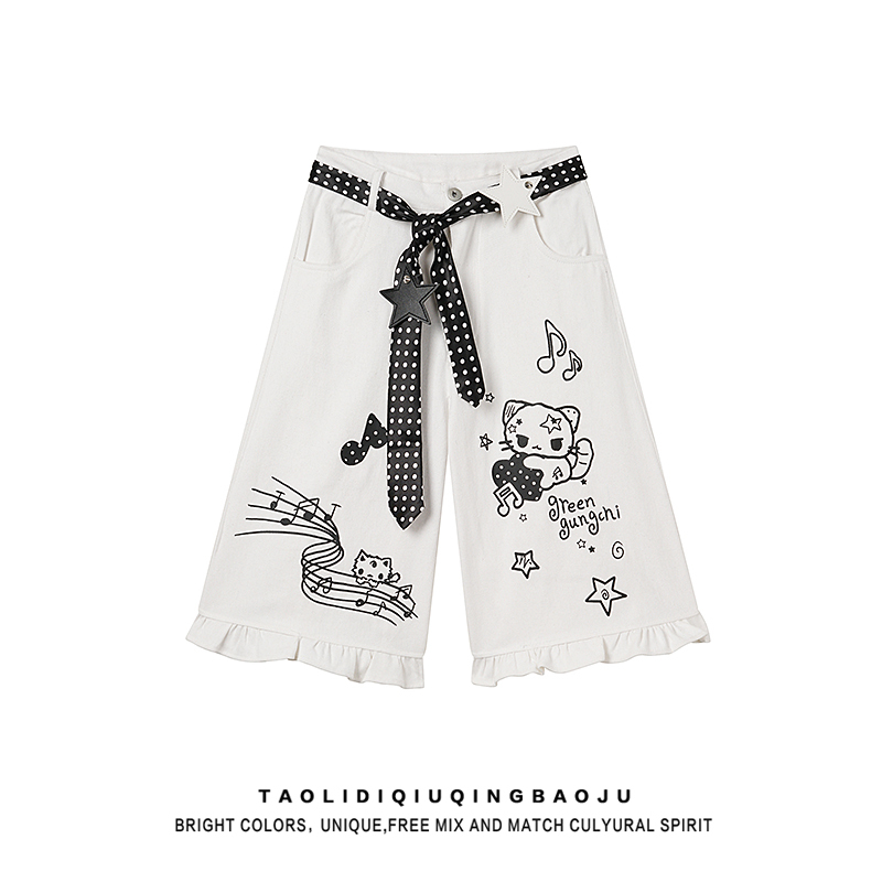 Light Y2K Style Cartoon Print Cropped Denim Pants for Women, Summer High-Waisted Slimming Ruffle Spliced Wide-Leg Mid-Length Pants