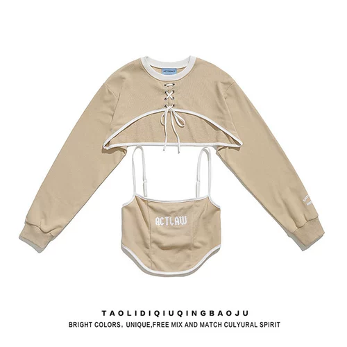 Ретро дизайнерский короткий ремень, лонгслив, бюстгальтер-топ, комплект, тренд сезона