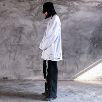 Spring and Autumn Overwear High Street Hip Hop Solid Color Backing Shirt Jacket Loose Holes Long Sleeve T-Shirt Men's and Women's ins Tide Brand