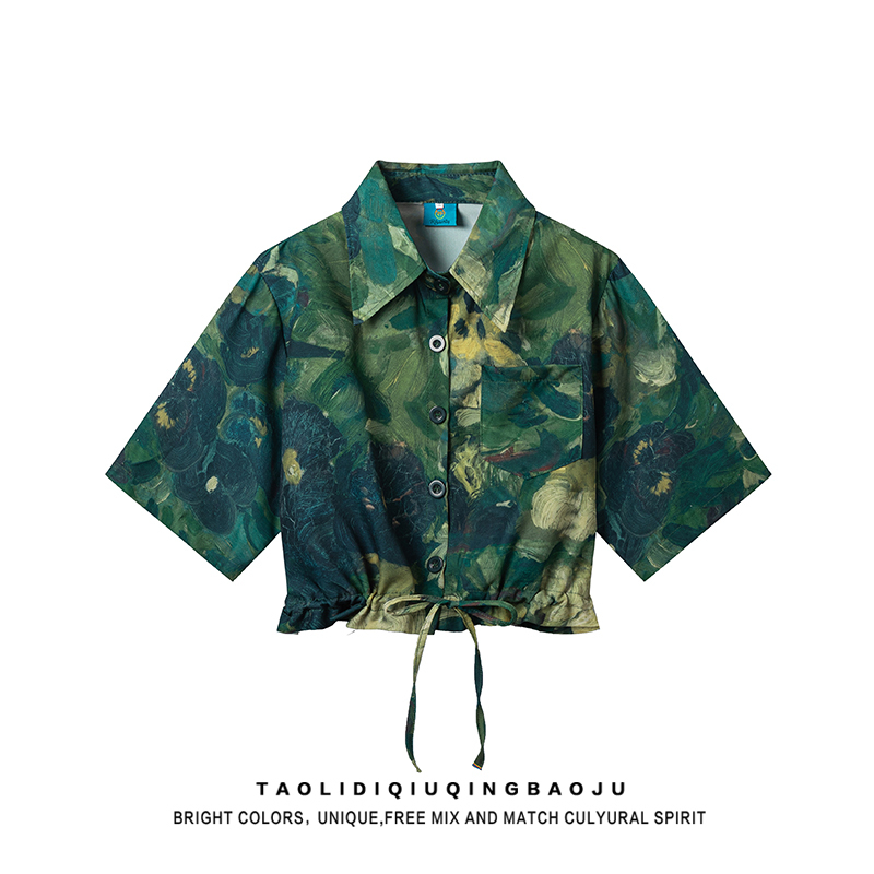 Japanese Trendy Brand Oil Painting Style Printed Short-Sleeved Shirt for Women, Summer Hong Kong Style Chic Hawaiian Style Casual Short Shirt