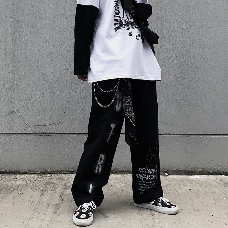 Printed straight loose casual trousers for men and women dark bereavement department European and American high street dance trend brand mopping wide legs new