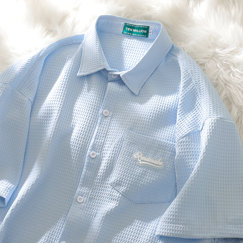 Japanese-Style Simple Harajuku Waffle Short-Sleeve Shirt for Women 2026 New Couple Loose Versatile Baby Blue Top