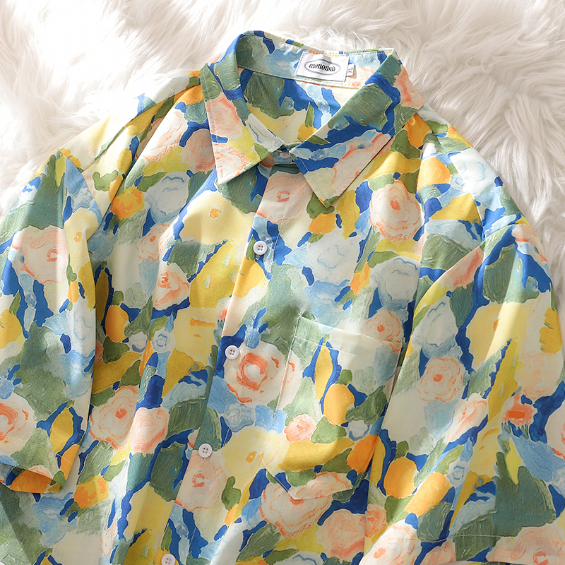 Retro Oil Painting Style Graffiti Short-Sleeved Shirt for Women, Summer Hong Kong Style Chic Loose Casual Versatile Couple Shirt Jacket