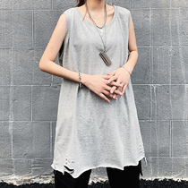 Spring and summer folded with sleeveless T-shirt hip-hop hem hole loose cotton white bottoming shirt vest women ins tide