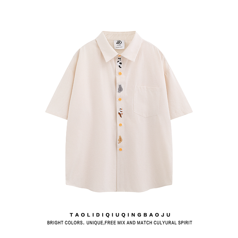 Japanese-Style Fun Cat Embroidery Short-Sleeve Polo Shirt for Women, Summer Loose Fit, Bf Lazy Style, Couple's Versatile Striped Shirt Japanese-Style Fun Cat Embroidery Short-Sleeve Polo Shirt for Women, Summer Loose Fit, Bf Lazy Style, Couple's Versatile Striped Shirt