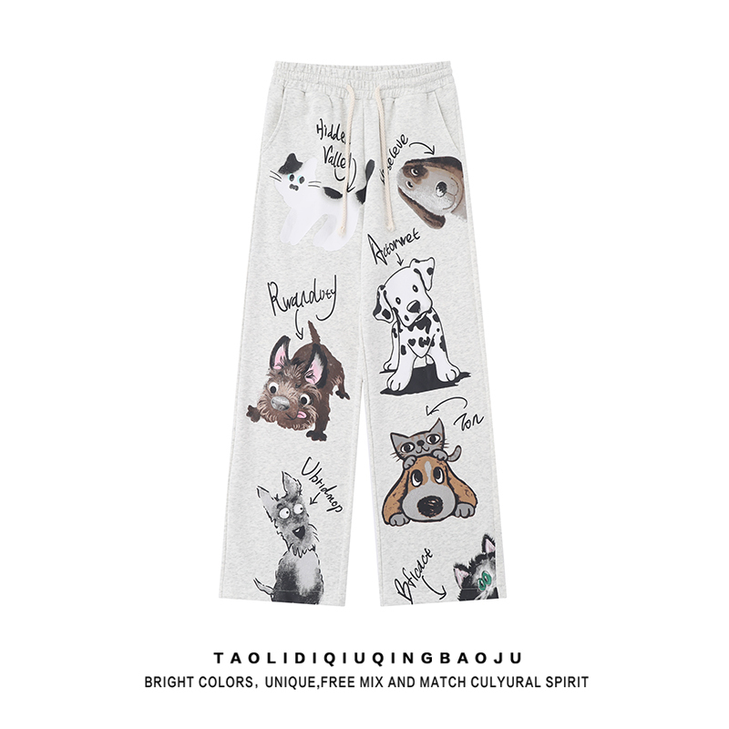 Japanese Retro Creative Cute Animal Print Sports Casual Pants for Women, Loose Straight Wide-Leg Versatile Long Pants Trendy