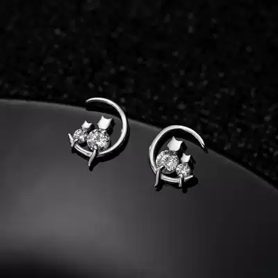 Moon cat ear needle Korea 925 sterling silver diamond couple kitten earrings female simple temperament earrings cold wind