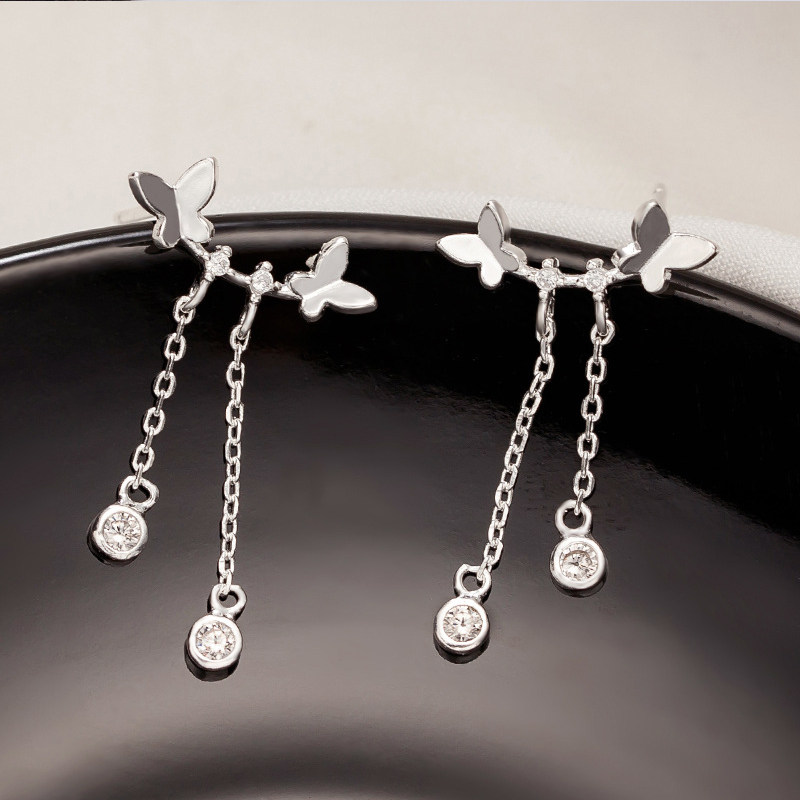 Sterling silver butterfly tassel earrings female design sense ear acupuncture temperament simple Korean net celebrity personality niche trendy ear jewelry