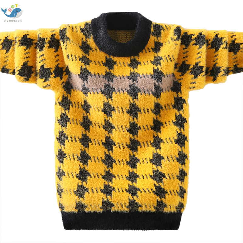 Boys sweater autumn and winter 2021 new houndstooth imitation mink knitted sweater boy bottoming long sleeves in the big boy foreign style