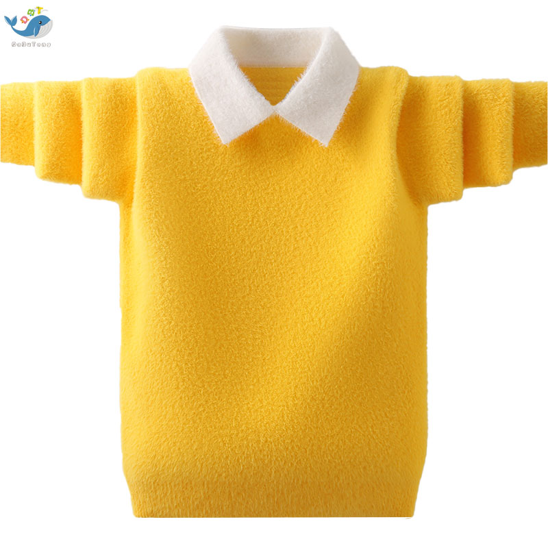 Boys sweater mink velvet thickened plus velvet pullover autumn and winter clothing 2021 new middle and big children's shirt collar bottom tide