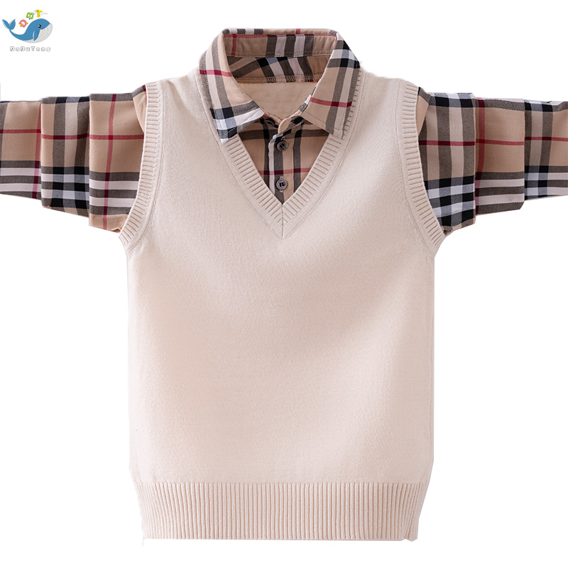 Boys sweater spring and autumn long-sleeved children's fake two-piece knitted sweater 2021 new middle and big children's plaid shirt collar sanitary clothing