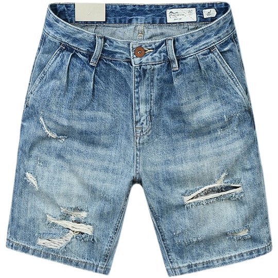 European and American straight ripped denim shorts men's 5-point summer retro washed trendy brand men's loose 5-point pants mid-pants