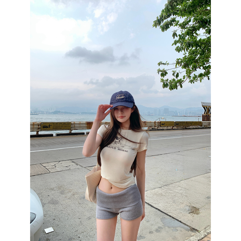 Poopylii Bubble Pear Sea Salt Gray Tone Rolled Hem Knit Shorts Women's Summer Korean Style Hot Girl High Elasticity Hot Pants Poopylii Bubble Pear Sea Salt Gray Tone Rolled Hem Knit Shorts Women's Summer Korean Style Hot Girl High Elasticity Hot Pants