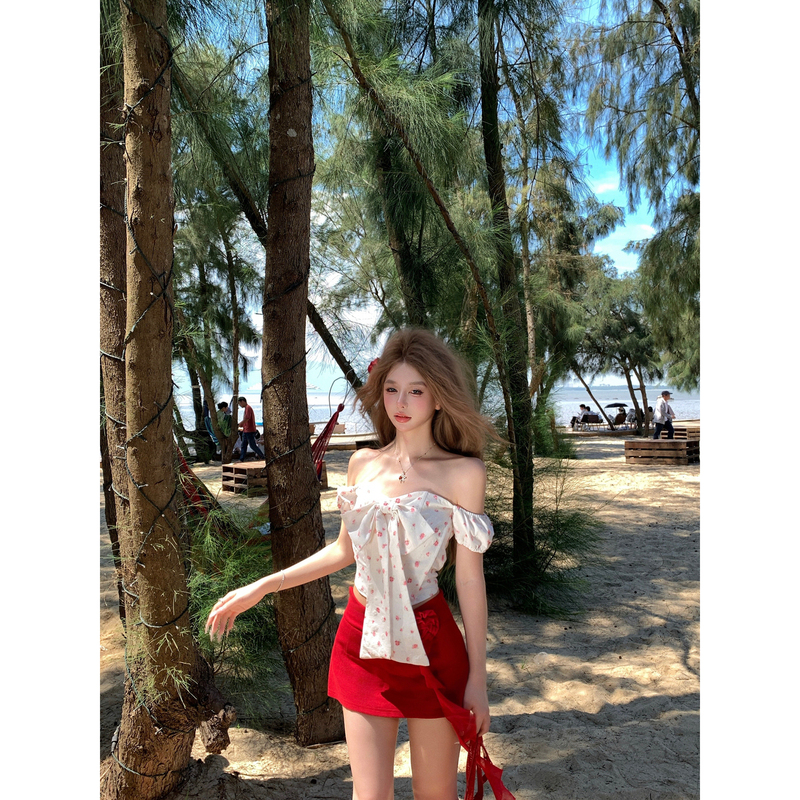 Poopylii Bubble Pear Hot Wave Neon Bowknot Floral Set One-Shoulder Women's Summer Short Skirt Two-Piece Set