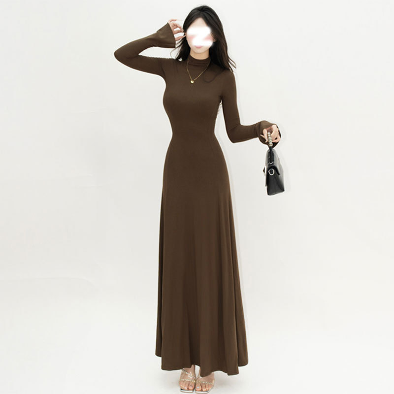 Retro Style Trumpet Sleeve Dress for Women, Half-High Collar, Large Skirt, A-Line Skirt, Autumn and Winter Waist Slimming Long Skirt