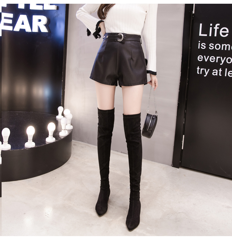 Quần short da cạp cao nữ 2018 mới xuân hè thu đông mặc quần legging ống rộng ống quần quần nữ pu quần đũi nữ