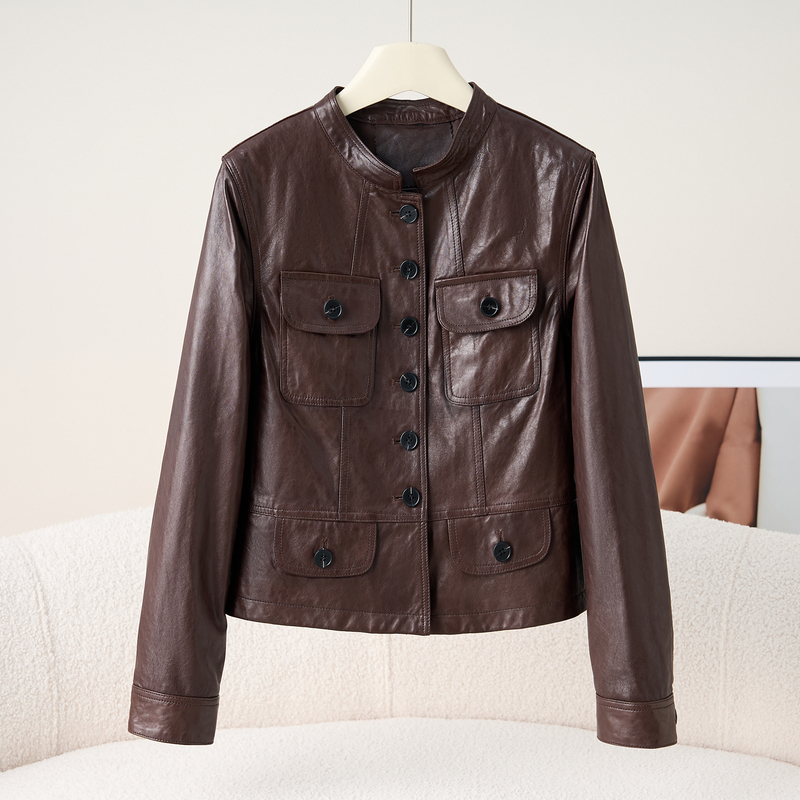 Imported Oil Wax Sheepskin Genuine Leather Jacket for Women, 2026 Autumn New Style, Regular Shoulder, Slim Fit, Stand Collar Leather Coat for Women Imported Oil Wax Sheepskin Genuine Leather Jacket for Women, 2026 Autumn New Style, Regular Shoulder, Slim Fit, Stand Collar Leather Coat for Women