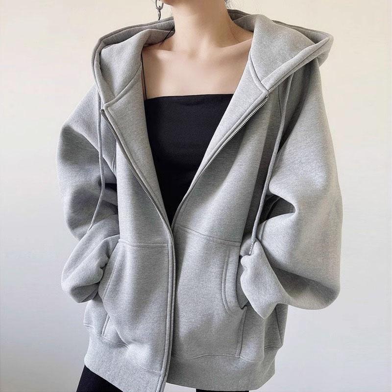 First-Line Brand Jimo Pure Cotton Gray Zip-Up Sweatshirt for Women, Spring and Autumn, Hooded, Loose-Fitting, Korean Style Jacket Top