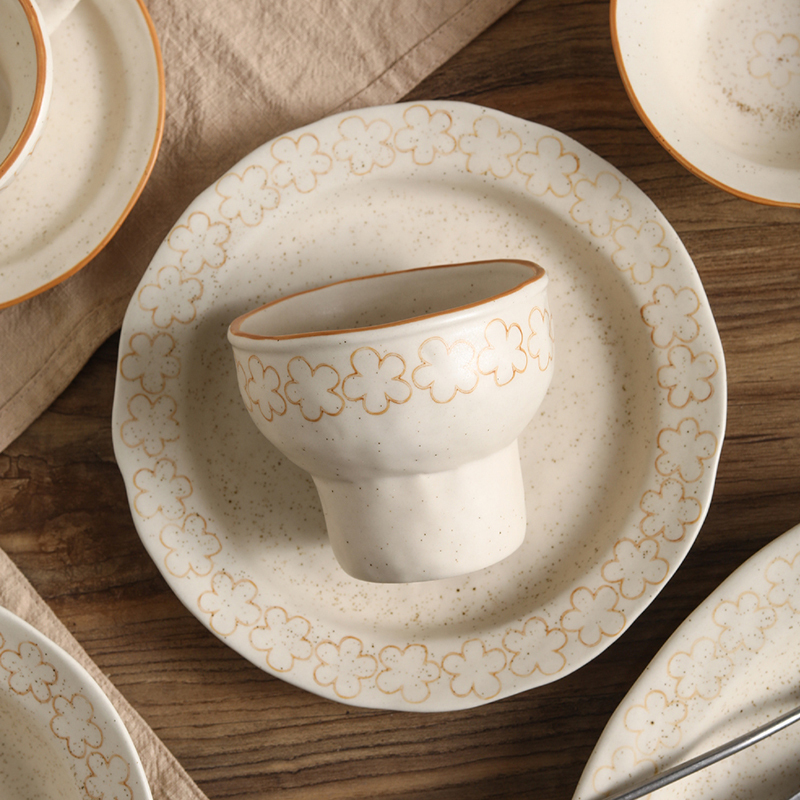 Niche Design Hand-Painted Rough Pottery Matte Sesame Dot Hand-Painted Floral Single-Serving Ceramic Tableware Set Underglaze Color