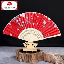 Classical Chinese style characteristic womens satin folding fan Daily female fan Chinese style silk cloth fan printing craft fan