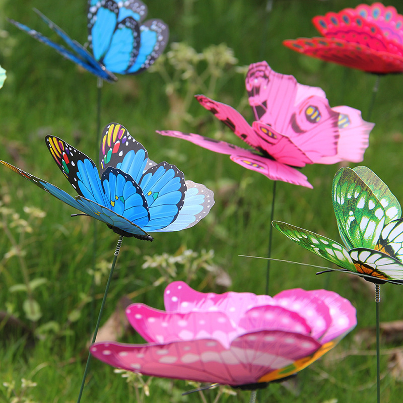 Double-Layer Simulated Butterfly Pole Outdoor Garden Decoration Party Arrangement 3D Stereo Butterfly Garden Decoration Butterfly