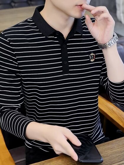 Men's Striped Long-Sleeve Polo Shirt with a Collar, Casual T-Shirt, Trendy Top from a Major Brand's Export Line