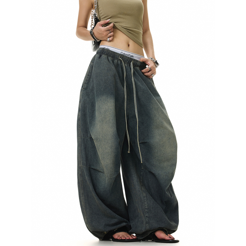 American Retro Pleated Design Elastic Waist Wide-Leg Jeans Hip-Hop Loose Drapey Long Pants Summer Thin