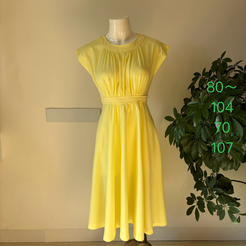 Vintage American Jcpenney Bright Yellow Round Neck Flying Sleeves Straps Waist Pleated Design Retro Dress
