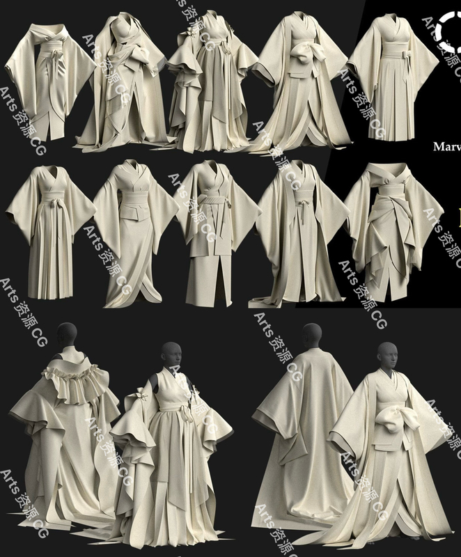 10 Types of Md Clothing Kimono Wide-Sleeved Formal Dress Long Skirt Set Zprj Model Pattern Source File 3D Clothing