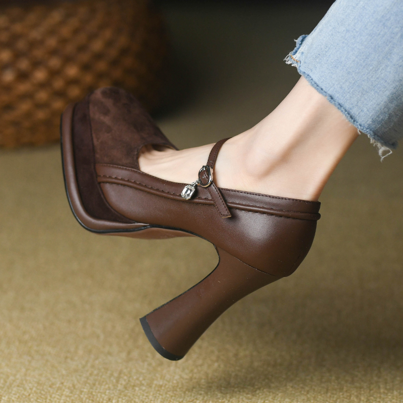 Brown Square Toe Shallow Mouth Mary Jane Shoes for Women with Thick Heels Spring & Fall New Frosted Goatskin Retro High Heels for Women 11cm Brown Square Toe Shallow Mouth Mary Jane Shoes for Women with Thick Heels Spring & Fall New Frosted Goatskin Retro High Heels for Women 11cm