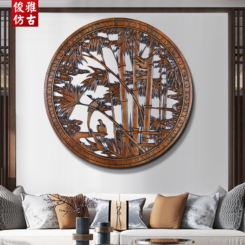 Dongyang wood carving piece solid wood wall hanging round living room basalt wall hanging screen antique decoration painting